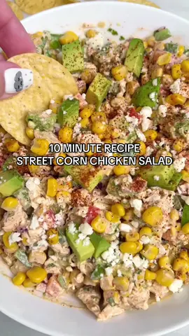 Literally just dump everything into a big bowl, mix it up and enjoy a wholesome delish lunch for work week meal prep. Serve this street corn chickem salad with tortilla chips or veggies (like cucumber rounds or carrots). #easylunchideas #mealprep #chickensalad #streetcorn 
