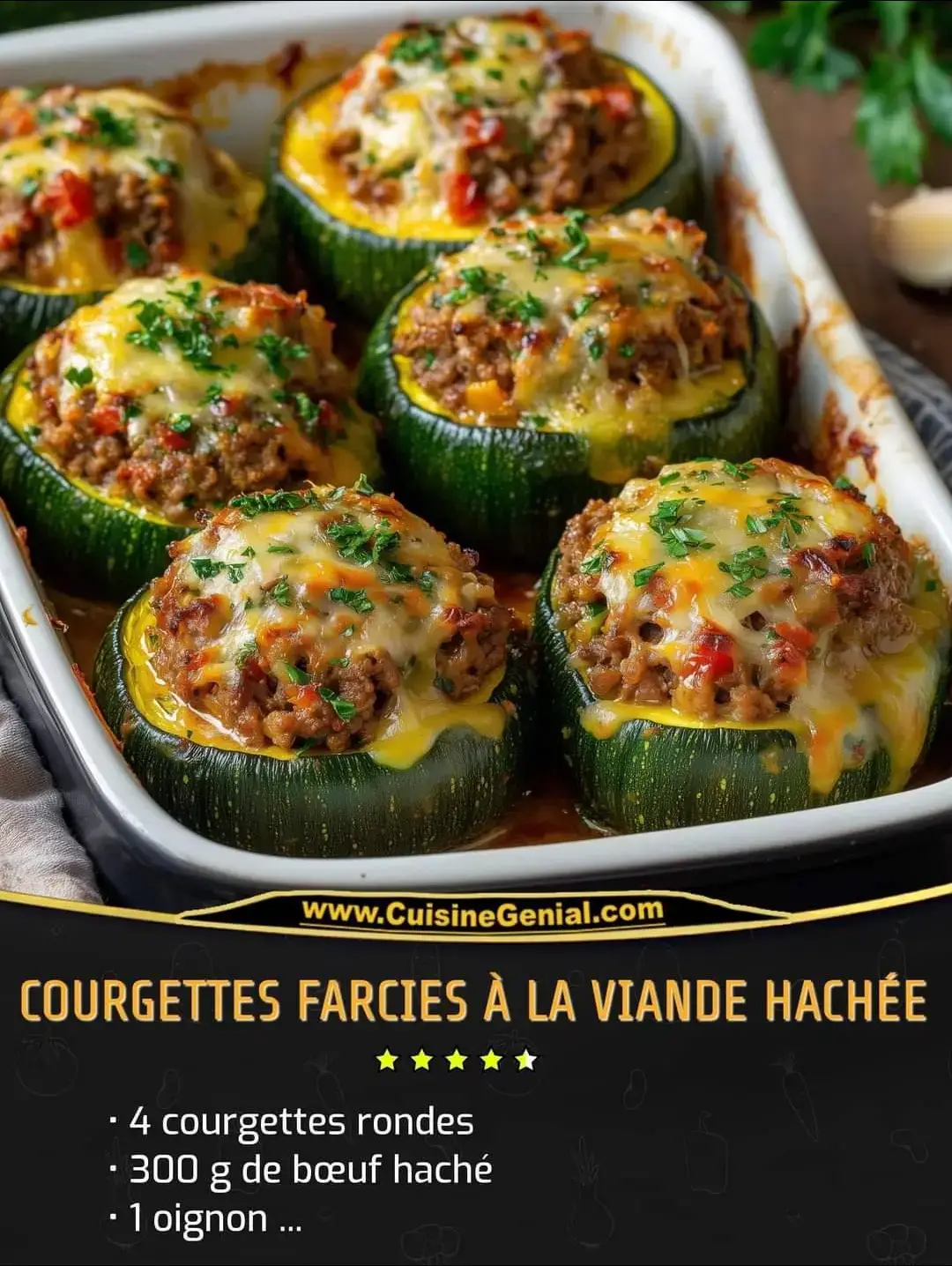 Courgettes Farcies à la Viande Hachée Ces courgettes rondes farcies à la viande hachée sont un délice simple et savoureux, parfait pour un repas réconfortant et équilibré. Leur garniture mêle le goût riche du bœuf aux saveurs des légumes et du fromage, le tout cuit au four pour un résultat doré et fondant. Ingrédients : 4 courgettes rondes 300 g de bœuf haché 1 oignon 1 gousse d'ail Persil 100 g d’emmental râpé Sel, poivre Huile d’olive 1 poivron rouge Préparation : Préchauffez le four à 210°C. Lavez les courgettes, découpez leurs chapeaux, puis videz-les délicatement à l’aide d’une cuillère. Pelez et hachez l'ail, l'oignon, ainsi que la chair des courgettes et le poivron. Dans une poêle, faites revenir l'ail, l'oignon et le poivron dans un peu d'huile d'olive pendant environ 2 minutes. Ajoutez la chair des courgettes et poursuivez la cuisson pendant 5 minutes, en mélangeant régulièrement. Incorporez la viande hachée à la poêle et continuez à cuire pendant encore 2 minutes, jusqu'à ce que la viande soit bien dorée. Ajoutez le persil ciselé, salez et poivrez selon votre goût. Garnissez les courgettes avec cette préparation, placez-les dans un plat allant au four, puis saupoudrez-les de fromage râpé et versez un filet d’huile d'olive sur le dessus. Enfournez les courgettes et faites-les cuire pendant 20 à 25 minutes, jusqu’à ce qu’elles soient bien dorées et tendres. #CourgettesFarcies #RecetteFacile #CuisineMaison #PlatRéconfortant #RecetteSanté #MangerSain #DéjeunerGourmand #CuisineDeSaison