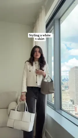 Lmk which wardrobe basic you want me to style next! 🫶🏻 #howtostyle #closetessentials #wardrobebasics #whitetshirt #letsstyleanoutfit #grwm #helpmechooseanoutfit #chicstyle #tweedjacket #capsulewardrobe #bottegaarco #neutrals #autumnfashion #falloutfits #elegantstyle #whitetee #howtostyleclothes