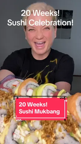 Queue the Bon Jovi because “Woah! We’re halfway there!” 20 Weeks today and celebrating with sushi! I’ve only eaten fish one other time this pregnancy, so it’s like a reward. 🍣🏆 #sushi #mukbang #sushimukbang #pregnant #rainbowroll #음식 #mukbangasmr #20weeks #fyp 