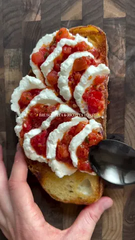 Bruschetta & Ricotta Toast by @Sara Fristoe 🍅 Simple, savory, stunning. A mid-day snack of our DREAMS! HOW-TO: 1. Combine tomato, garlic, basil & olive oil in a dish and set aside. 2. Toast your bread. 3. Layer your bruschetta and ricotta in alternating spoonfuls. Enjoy! #feedfeed #Summer #tomatoes #ricotta #cheese #tomato #EasyRecipe #easymeals #toast #bread #toasttok #satisfying #sosatisfying #satisfyingvideo #bruschetta #ricotta #toastie #EasyRecipes #snack #snacks #snackideas #savory