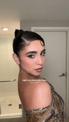 Vegas night 1🍸✨🪩 Products🥂 @TRESemmé travel mini extra hold gel & hairspray  @VELOUR LASHES & BEAUTY lash adhesive  @Kristin Ess Hair mini travel straightener  #shorthairstyles #nightouthairstyle #shorthair #slickbackbun 