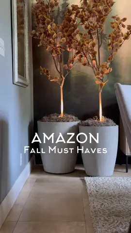 Instantly give fall vibes to any space with these beautiful fall trees! (Shopping link in bio) I added them to these beautiful ceramic platers to give them height and elevate the style. Adding peel and stick casters to the bottom make moving them into place effortless!  And wireless spotlights really set the mood! What do you think? I’m loving this even more than I imagined! #homehacks #amazonhome #amazonfinds #lighthacks #fallvibes 