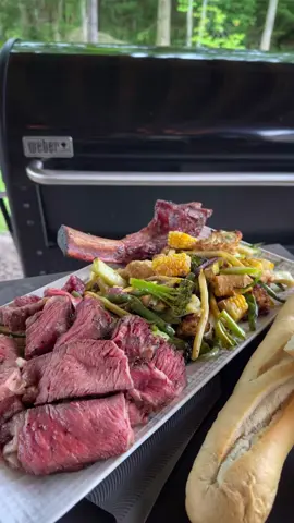 Duck fat injected steak and veggies that’ll make your grill sizzle with envy! 🥩 🌽 #ad   Firing up my @Weber Grills Canada SEARWOOD™ XL 600 PELLET GRILL to transform a duck fat injected tomahawk steak into pure culinary magic with the help of the Weber Connect App that allows me to monitor and control my cook remotely! #WeberGrillsCA *Veggies: Toss corn, broccoli, cauliflower and onions in duck fat, salt, and pepper.   *Smoke: Smoke the steak and veggies low and slow until it reaches your desired doneness.   *Sear: Crank up the heat and give the steak a final sear for that perfect crust. *Serve: Arrange the juicy steak and beautifully smoked veggies on a platter.  *Season: Generously season the tomahawk steak with your favourite rub and let it sit. Join me on this BBQ adventure and prepare to wow your guests! This mouthwatering meal is too simple and delicious not to share.