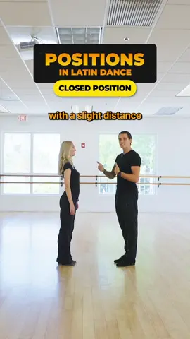 In the closed position for Latin dance: ✔️ Positioning: Stand slightly apart from your partner. ✔️ Connecting Arms: Man’s left arm connects with the lady’s right, elbows slightly bent in front of the body. ✔️ Right Hand Placement: Man’s right hand cups the lady’s shoulder blade. ✔️ Lady’s Hand Placement: Lady’s left-hand rests on the man's shoulder, forearm sliding up to create gentle resistance. Note: Keep the frame relaxed, not overly tense, to allow smooth movement.