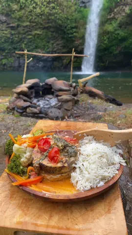 Salmon steak recipe on campfire🏕️🍣🪵🔥💦🇮🇩 #indonesia #salmonrecipe #camping #fyp #nature #waterfall #campfire #campingcooking #naturelover #makassar 