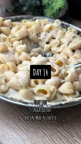 15 days of quick and easy comfort food  . Day 14 - One Pot 5 ingredient bacon mac n cheese.  . ⬇️ Recipe below ⬇️  . Press save for future dinner inspiration 📌 follow @dinner_at_hols for more recipes like this.  . Recipe serves 4  . Ingredients. . 1. 150g smoked bacon, I used lean diced  2. 300g pasta, uncooked weight 3. 500-800ml chicken stock (hot)  4. 300ml milk, I used semi skimmed  5. 120g cheese, I used a mix of extra mature cheddar and mozzarella.  . Salt and pepper to taste  Parsley to garnish (optional)  . Method  . Fry off the bacon and then add in the dry uncooked pasta, add in 500ml of the stock and cook on high until it’s absorbed and the pasta is cooked al dente, adding more stock if needed. Then add in the milk and turn the heat down.. cook for a few minutes until it has thickened slightly and add in the cheese. Stir until melted and you have a nice creamy sauce. Season to taste. Serve and enjoy.  . Calories - 481 Protein - 29.5g  Syns- 0 +HEA  . . #fyp #viral #EasyRecipes #recipeideas 