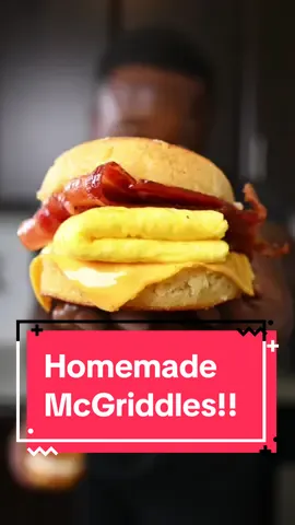 “Fake-out” ep.2  Bacon & Egg McGriddles  This is my new series where I’ll be taking inspiration from your favourite and most nostalgic take out spots and recreating them into something much better and completely homemade. For episode two you guys really came through and voted for McGriddles so here it is! I was actually really happy with how these turned out. All of the flavours of a McGriddle but entirely homemade. Doesn’t get much better than this. 🤤 Recipe;  makes 3 sandwiches 6 eggs - cracked and whisked. Get a pan on medium heat and add two tablespoons butter. Let butter melt then add your eggs. Turn the heat down to low and allow your eggs to cook 3/4 flat. Then carefully fold your eggs and decide into three portions. Depending  on the size of your donthis in batches.  9 strips bacon - cook bacon on a tray with oven rack at 375f for 10 minutes. Carefully brush bacon with maple syrup and put back in the oven to finish cooking. Approximately 10 minutes  1/4 cup maple syrup - for bacon and pancakes  3 slice cheddar cheese  1 teaspoon Salt  1 teaspoon black Pepper  Pancake batter; Recipe Dry; 1 cups flour  3 tablespoons sugar  1/2 tablespoon baking powder 1/2 teaspoon baking soda 1 pinch of salt  Wet; 1 cups buttermilk  1/2 stick melted butter unsalted  1 eggs  1/2 teaspoon vanilla extract (optional) In a large bowl Slowly combine your dry and wet ingredients. In a large pan melt two tablespoons butter. Cook pancake batter in circular heat proof cookie cutters on medium to low heat. Once half cooked flip over. Allow to cool for another 2 minute before removing the cylinders. Remove pancakes from pan and bake for 3-4 more minutes at 350f to allow the pancakes to cool all the way through.  #breakfast #take-out #bacon #maple #cheddar #mcgriddle #torontochef #torontofood #EasyRecipes 