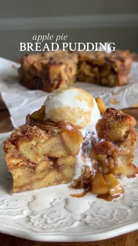 APPLE PIE BREAD PUDDING I said what I said — you need this 🍂 Recipe below OR go to my website through the link in my bio 🤎 #Recipe Details (8-10 servings): Ingredients: - 12 thick-cut slices of brioche bread or 12 brioche rolls, preferably dried out overnight, cut into 1” cubes - Optional: turbinado sugar, for topping Apple Pie Filling: - 1 3/4 lb apples of choice (~5 apples; I used a mixture of Gala and Granny Smith), peeled and diced - 4 tbsp salted butter - 2 1/2 tbsp all-purpose flour @Bob’s Red Mill  - 1 tsp apple pie spice @McCormick Spices  - 3/4 cup brown sugar - 1/2 cup water Custard: - 1 cup milk of choice - 1 cup heavy cream - 1 1/2 tbsp salted butter - 1/4 cup + 3 tbsp granulated sugar  - Pinch of salt - 1 tsp vanilla extract - 1 tsp cinnamon - Optional: 1/2 tsp apple pie spice - 4 eggs, at room temp Instructions: Preheat the oven to 350F. Grease a 9” round (or 8” or 9” square) baking pan with cooking spray, then line with a sheet of parchment paper that covers the bottom and sides. Place onto a baking sheet; set aside. Start by preparing the apple pie filling. In a medium saucepan over medium heat, melt the butter. Add the flour and apple pie spice, and stir well. Then, add the brown sugar and stir. Add the diced apples and water, stir and cover. Cook over medium heat until the apples are soft, stirring occasionally (10-15 minutes). Remove from the heat and strain the juices, saving them to top the bread pudding later. Prepare the custard. Combine all of the ingredients for the custard, except for the eggs, in saucepan over medium-low heat. Whisk to combine until the butter is melted. Remove from the heat, add the eggs one at a time, and whisk in between each addition. DO NOT cook any longer, the custard will thicken as it cooks in the oven. Set aside. Cut the bread into 1” cubes. Place 1/3 of the bread cubes into the bottom of the prepared pan. Press down to compress. Spread about 1/3 of the apple pie filling on top of the bread cubes. Place another 1/3 of the bread cubes on top, press down, and spread another 1/3 of the apple pie filling. Finish by topping with the last 1/3 of bread cubes, and the rest of the apple pie filling.  Pour the custard all over the bread, making sure all of the pieces are well-soaked. Gently press down on the bread to make sure there are no dry parts. Then, sprinkle the top with turbinado sugar if desired. Baker 350F for 35-40 minutes on a baking sheet, until the top is golden and set, but still slightly wobbly when shaken. Remove from the oven and let stand for 10 minutes, then remove from the pan. Serve warm with a scoop of vanilla ice cream and the juices from the apple pie filling. Enjoy! #applepie #apple #applepierecipe #breadpudding #breadpuddingrecipe #applepiefilling #applefilling #cinnamon #applepiespice #applepiebreadpudding #easy #EasyRecipe #fall #fallrecipe #fallbaking #baking #Breakfast #brunch #dessert #vanillaice cream #cozy #cozyrecipe #cozybreakfast #cozydessert @From Our Place @Earlywood @Costco Wholesale @Fat Daddio's @Amazon @Amazon Fashion 