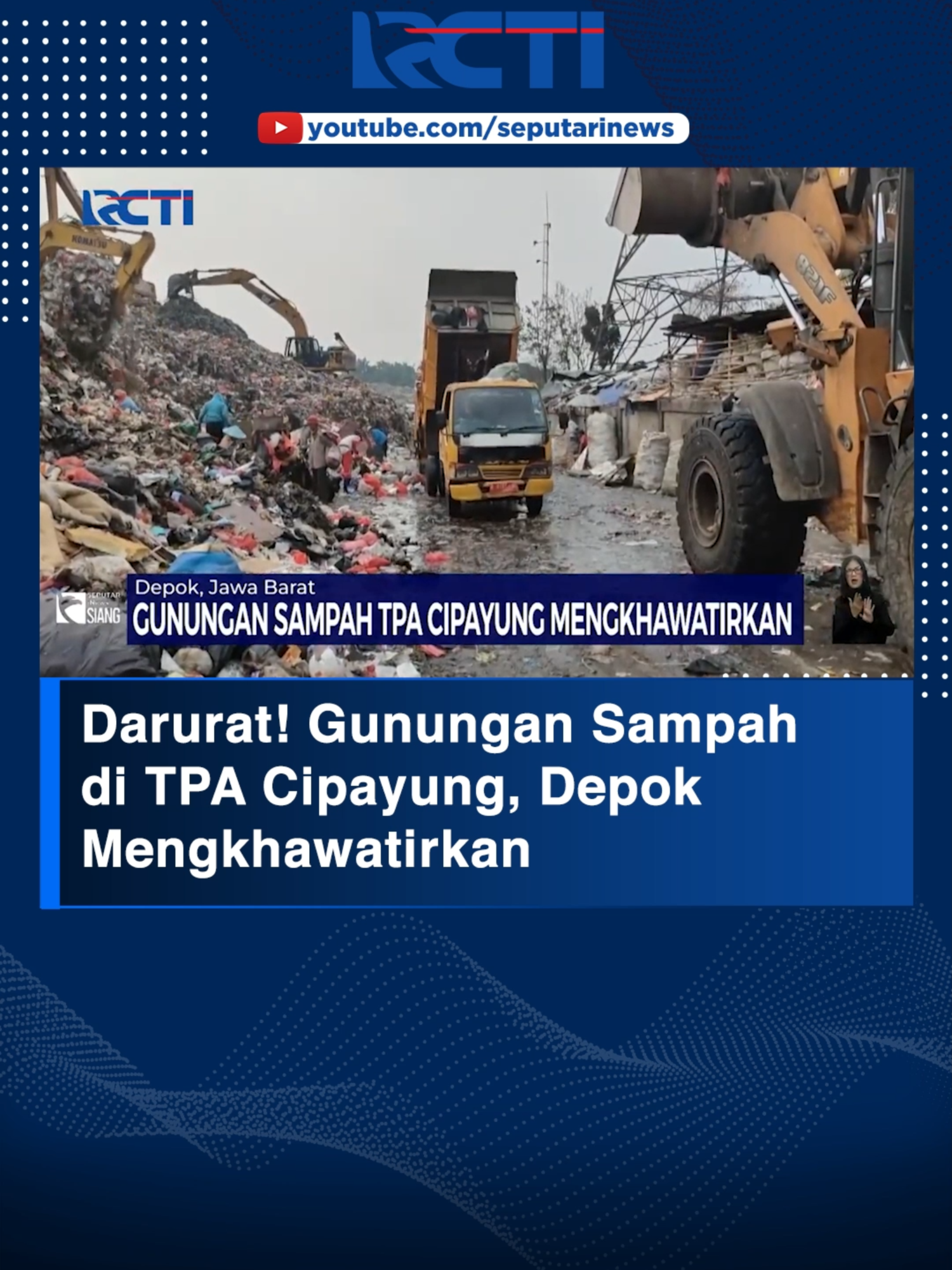 Tempat pembuangan akhir (TPA) Cipayung, Kota Depok, diperkirakan hanya mampu menampung sampah warga Depok sampai empat bulan ke depan. Antrean truk dan mobil bak terbuka pengangkut sampah pun mengular. Setiap harinya ada sekitar 925 ton sampah dibuang di TPA ini. Ketinggian gunungan sampah di TPA Cipayung sudah mencapai 20 meter, lantaran telah melebihi kapasitas. TPA yang memiliki luas area mencapai 13,9 hektare tersebut kerap mengalami longsor, apalagi jika hujan turun. #SeputariNewsRCTI #Sampah #Cipayung #Depok