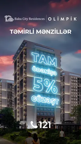 🏠✨ Baku City Residences Olimpik yaşayış kompleksində təmirli mənzil üçün tam ödəniş edənə 5% güzəşt təqdim edilir. Seçdiyiniz mənzilin sahəsinə görə 23 000 ₼-a qədər qənaət edəcəksiniz. 📞 Ətraflı: 121  🌐 www.olimpik.az  📍 Heydər Əliyev prospekti 189
