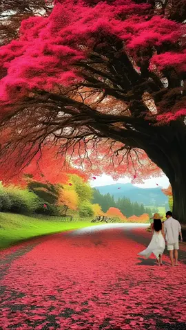 🌳🍂 A couple strolling down a beautiful road, with leaves gently falling around them! 🌸 Pure romance #romanticwalk #fallingleaves #couplegoals#autumnvibes #naturebeauty #loveandnature