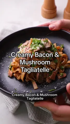 Creamy Bacon & Mushroom Tagliatelle A simple mid week meal for you to try! Just 7 ingredients and ready in 20 minutes! Hit SAVE to give this a try! Serves 2 200g chestnut mushrooms 100g unsmoked back bacon 80g petit pois 1 tbsp tomato puree 75g garlic & herb Boursin  10g parmesan Chopped Parsley 150g dry tagliatelle Light cooking spray 1. Place a large frying pan over a medium heat, once hot, add the diced bacon and fry until crispy. 2. Remove the bacon from pan and add the sliced mushrooms into the same pan, sauté for 10 minutes until mushrooms are soft. 3. Meanwhile, place the tagliatelle on to boil and cook for 9 minutes until al dente, drain, run through some cold water and set aside. 4. Add the tomato puree and peas to the pan, stir to combine, cooking for a minute before adding the Boursin and cooked tagliatelle. Stir until everything is fully coated in the creamy sauce. 5. Serve with some grated parmesan and chopped parsley. Calories 584 Protein 27g #highproteinmeals #mealprep #EasyRecipes #healthyrecipes #highproteinrecipes #easydinners #pastarecipes