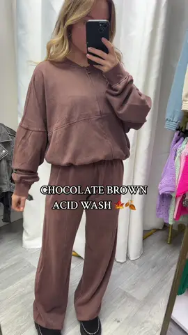 How gorg is our new colour and just £25.99!!😍🍂🍁 #fyp #acidwash #browntracksuit #bombertracksuit 