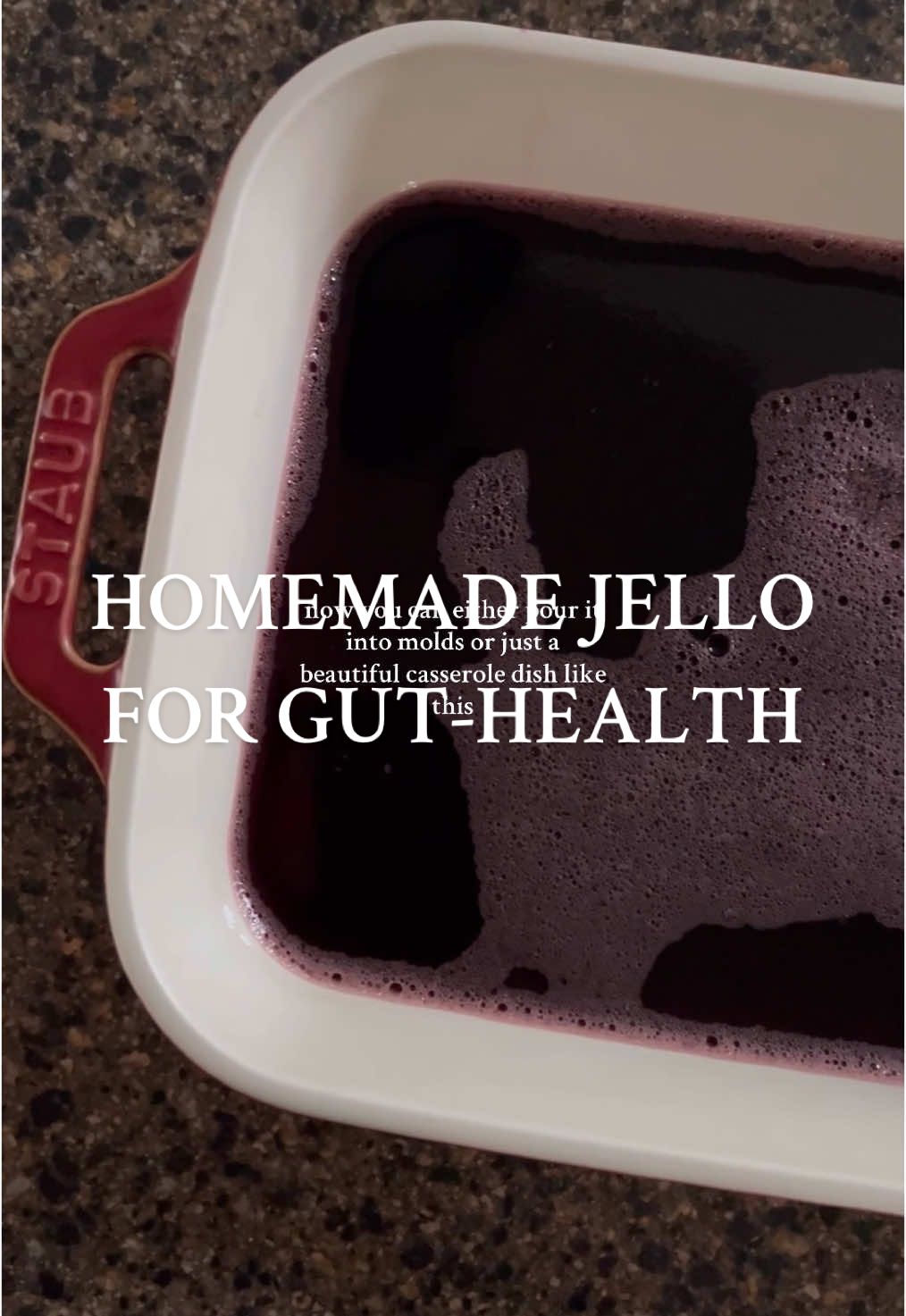 Homemade gut-healing jello 🫶🏽 who’s trying this?? My kids loveeee it (& me too). Recipe: 2 cups juice (i used tart cherry) 1/2 cup water 3 tbsp good quality gelatin 1 tbsp honey - optional Instructions are in the video - it’s simple! Stores for about 3 days in the fridge but you’ll definitely devoure it before then. #wellnessgirl #homemadejello #guthealth #guthealing #guthealthtips #gelatin #staub 