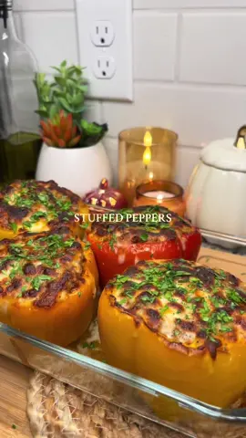 one of my go to easy dinners- stuffed bell peppers🫑✨a tried & true classic that is so tasty! Ingredients: - 4-6 bell peppers - avocado oil spray - 1 yellow onion, finely chopped - 5-6 cloves garlic, minced - 2 tablespoons olive oil - 1 lb ground bison (can sub beef/turkey) - 15 oz tomato sauce - 2 teaspoons each garlic & onion powder - 1 teaspoon each chili powder & oregano - 1/2 teaspoon thyme - salt & pepper to taste - 1 cup cooked rice - 1.5 cups shredded mozzarella - chopped fresh parsley #DinnerIdeas #cozyrecipes #weeknightdinner #stuffedpeppers #stuffedpeppersrecipe #stuffedbellpeppers #mealinspo #mealideas #cookwithme #dinnerwithme #healthycooking #dinnerrecipes #healthyrecipes #fallrecipes #creatorsearchinsights 