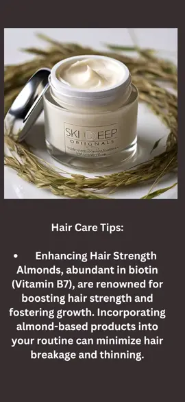 For the Hair: Strengthens Hair and skin Almonds are rich in biotin (Vitamin B7), which is known for promoting hair strength and growth. Regular use of almond-based products can help reduce hair breakage and thinning. Excellent  moisturizer  for the skin also. #haircare #haircare #almonds #natural #beauty #skincare #aromatherapy 