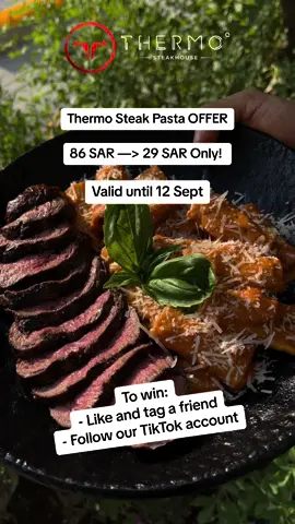 Try the best Steak Pasta In Khobar for just 29 Riyals!! Offer ends on 12 Sept. See you soon!! 👋 #steak_khobar #steakrecipes #steak_house #fyp #giveaways #viral #ستيك_الخبر