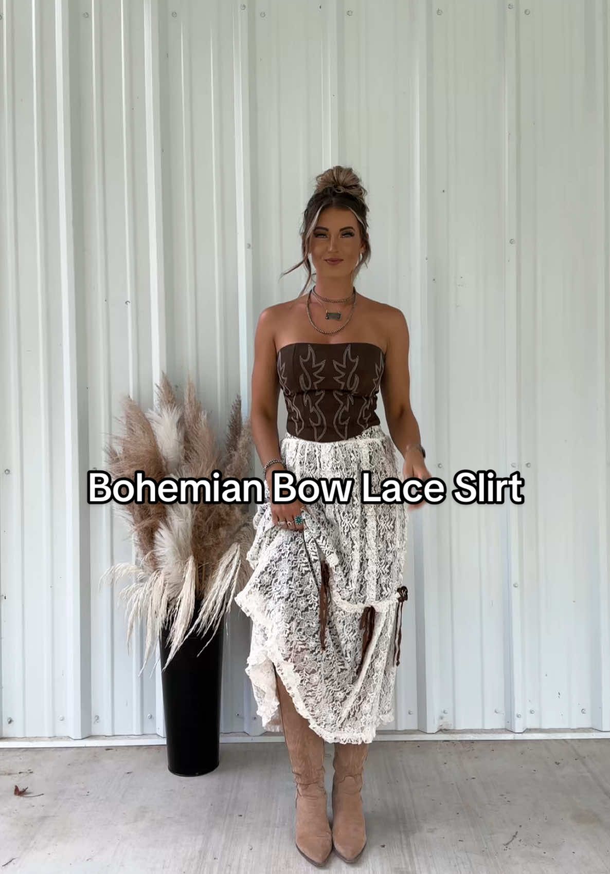 NEW Bohemian Bow Lace Skirt🤎🎀 #shoppunchyblonde #fyp #laceskirt #maxiskirt #cowgirlboots #fallfashion #westernfashion #musthaves 