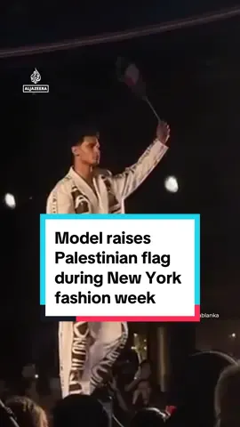 A model named Abdul Almo showed support for Palestine by raising its national flag during a show at #NewYorkfashionweek. #news #NY #fashion #fashiontiktok 