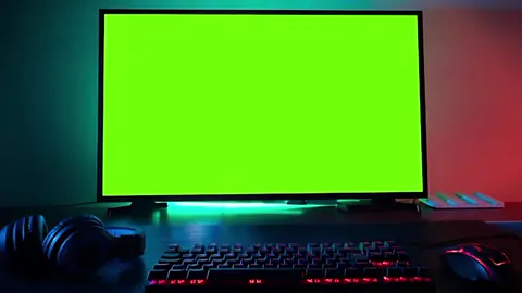 Green screen monitor with powerful personal computer for cyber sports gamer at home table #greenscreen #layarhijau #foryou 