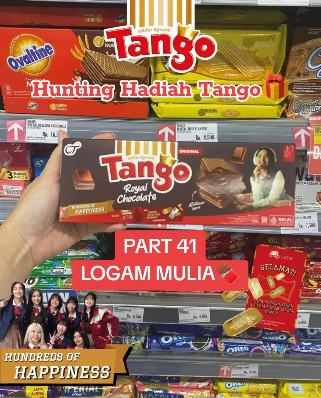 Hunting Hadiah Tango PART 41! Yuk borong Wafer Tango di Hokky Supermarket, mana tau kamu yang hoki bawa pulang hadiah emasnya! 😉 #WaferTango #HundredsOfHappiness #HuntingHadiahTango #BerapaLapisRatusan #TangoxJKT48 #JKT48 #JKT48NewEra #Oshi #LogamMulia #Emas #fyp #viral 