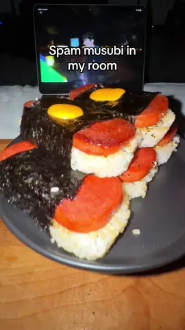 Making Spam Musubi in my room! 🍣🤤🍚 One of my favorite snacks in the world! Ingredients👇 • Short grain rice • Rice vinegar • Soy Sauce • Teryaki sauce • Sugar • Sesame oil • Spam • Nori • Furikake • Spicy mayo (optional) #lazypotnoodle #Foodie #foodies #FoodTok #foodtiktok #EasyRecipes #EasyRecipe #spam #spammusubi #asianfood #cooking #FoodLover #rice