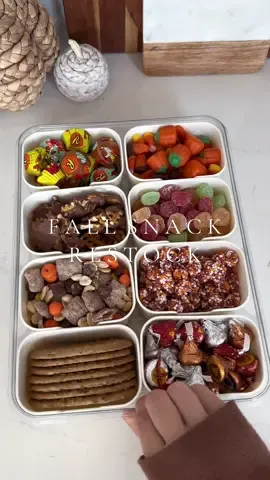 fall themed snack box restock 🍂🎃🍎🍁 #snackbox #fall #candyrestock #candytok #restockasmr #organizedhome #snacks #organization #candy #asmr #chocolate 
