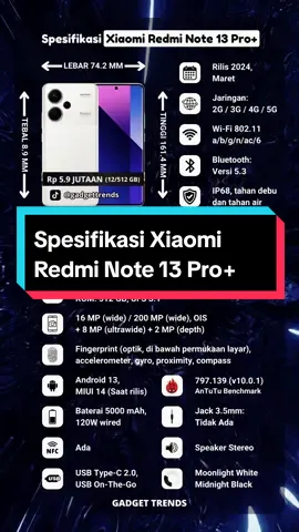 Redmi Note 13 Pro Plus 5G memiliki layar 1,5K dengan refresh rate 120 Hz, bikin scrolling mulus abis! Plus, kecerahan sampe 1.800 nits dan dilindungi Gorilla Glass Victus, jadi aman buat dipake outdoor. Ada punch hole buat selfie 16 MP juga. Di belakang, ada setup kamera 200 MP yang mantap banget, plus ultra wide 8 MP sama makro 2 MP. Performanya kenceng karena pake chipset Dimensity 7200 Ultra, RAM 12 GB, dan storage 512 GB. Baterai 5.000 mAh-nya udah fast charging 120 watt, jadi nggak perlu lama-lama nunggu ngecas. Fitur keren lainnya ada 5G, NFC, Dolby Vision, Dolby Atmos, dan tahan air debu dengan IP68. Tersedia warna Aurora Purple sama Midnight Black yang bikin lo makin stylish! #xiaomi #redminote13series #xiaomiredminote13proplus5g #foryourpage #fyp 