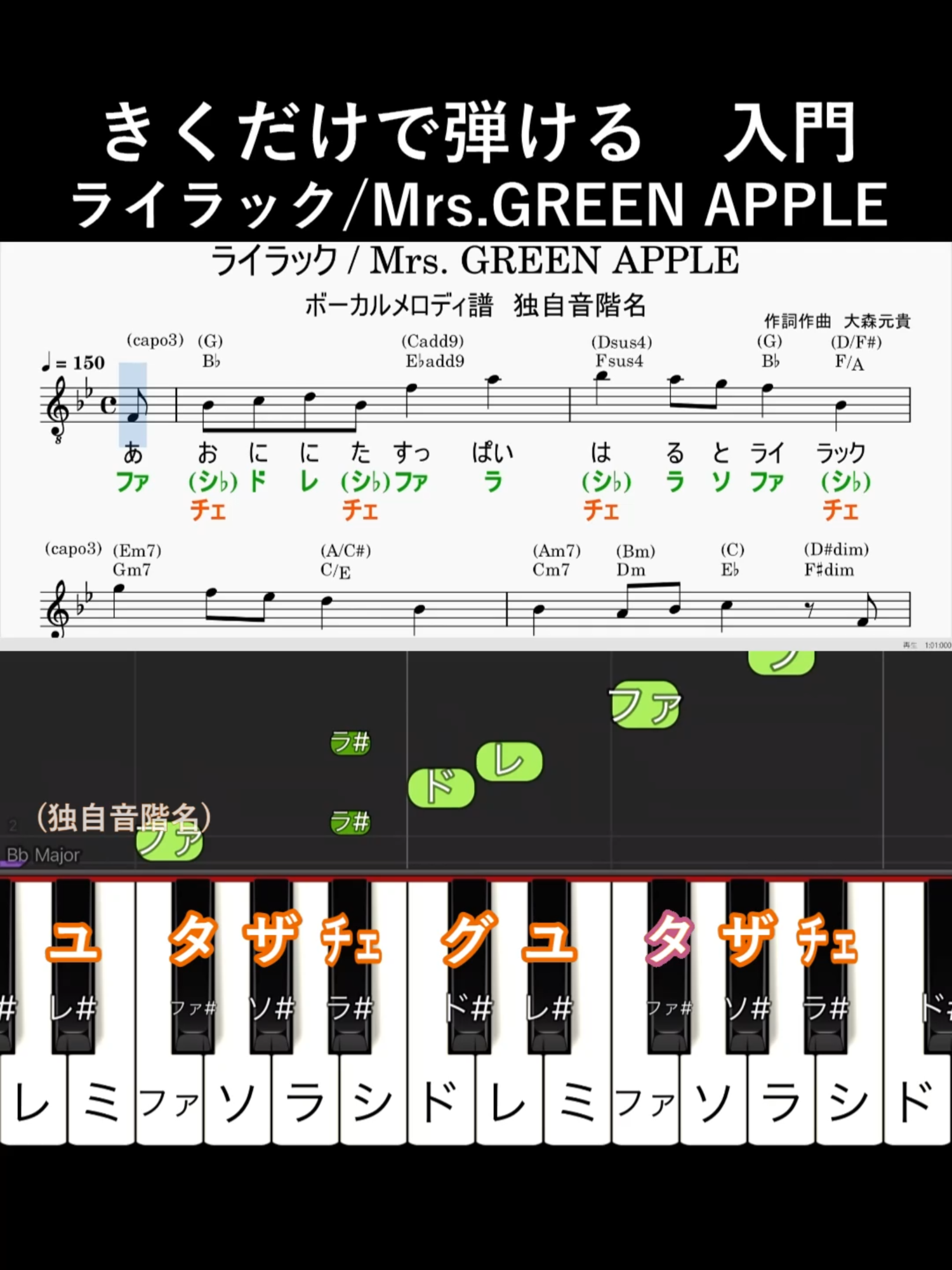 #ライラック サビのみ 原曲キー #mrsgreenapple #shorts #きくだけで弾ける #音感トレーニング #メロディ音名唱 #きくだけ暗譜 #独自音階名 #聴いて覚える楽譜 #歌って覚える楽譜 #楽譜 #ドレミ付き #ドレミ付き楽譜 #sheetmusic #scores #譜面 #musicsheets #Piano #PianoTutorial #synthesiapiano #synthesiatutorial #ピアノ #簡単ピアノ #ピアノ簡単 #初心者ピアノ #ピアノ初心者 #きくだけ音感トレーニング #相対音感 #絶対音感 #音感 #イヤートレーニング #イヤトレ #chords #コード #和声 #歌詞 #lyrics #lilac #vocalmelody#ミセスグリーンアップル #大森元貴生誕祭  きくだけで#、♭の半音階（ピアノの黒鍵部分）がわかるように、独自の音階名で作成してます。  通常のドレミファソラシドに加え、 ド#、レ♭→「グ」　 レ#、ミ♭→「ユ」  ファ#、ソ♭→「タ」  ソ#、ラ♭→「ザ」  ラ#、シ♭→「チェ」  という音階名で作成しています。これらは、主に聴き取りやすさや、語感、口ずさみやすさ等々、様々な合理性を踏まえ、そして様々な試行錯誤の結果、総合的独自的判断で(現2024年9月時点で)最終的にこの５文字に落ち着きました。  sung by ナクモ (NEUTRINO) ©大森元貴 ©Universal Music Publishing LLC