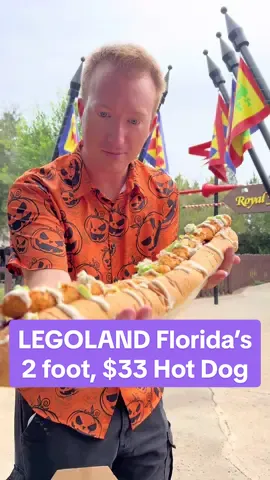 The new #LEGOLANDFlorida Monster Dog lives up to its name. This $33 hot dog is 2 feet long and covered in blue cheese crumbles, ranch, green onion, celery and fried buffalo chicken dip.  It is meant for 4 people, and you can easily see why. This is a seasonal product, sold during the Halloween #BrickOrTreat event at the park.  One of numerous themed food items, this hot dog is an attention grabber. While filming this we had numerous families walk up to ask what on Earth we had bought. @legolandflorida 