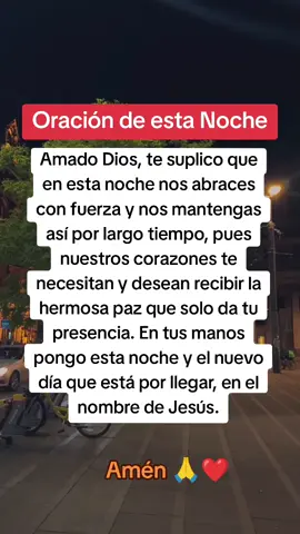 Amado Dios, te suplico que en esta noche nos abraces con fuerza y nos mantengas así por largo tiempo, pues nuestros corazones te necesitan y desean recibir la hermosa paz que solo da tu presencia. En tus manos pongo esta noche y el nuevo día que está por llegar. #oraciondelanoche 