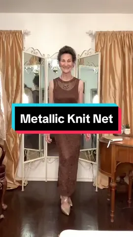 I’m going metallic all the way! The copper thread in this knit net dress is a warm color which goes with the bold mixed metal jewelry and the matte gold jacket and shoes! #knitdress #longdress #eveningdress #styleinspo #OOTD #metallicfashion