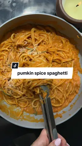 save this PUMPKIN SPICE SPAGHETTI 🧡🍝follow for more! Ingredients:  2 tbsp olive oil  1 tbsp minced garlic  1 shallot, finely diced  4 sage leaves, chopped  1 tsp thyme fresh or dried  1 tsp pumpkin spice  2 tsp salt 1/2 tsp pepper 1 can pumpkin puree  1/3 cup coconut cream  3/4 cup pasta water  1. Boil water for pasta in large pot and add in 8 oz spaghetti. I used bucatini! 2. In a large pan on medium heat, saute garlic and shallot in olive oil until fragrant and translucent.  3. Add the sage, thyme and pumpkin spice, saute for another few minutes.  4. Add salt pepper, pumpkin purse and coconut cream. Mix well! Stir and simmer for 5 more minutes.  5. Add the pasta to the sauce and add saved pasta water.  6. Mix well with tongs and plate! Add vegan Parmesan cheese and more sage on top, enjoy besties!!   #pumpkinspice #spaghetti #pumpkinspicespaghetti #healthyrecipes 