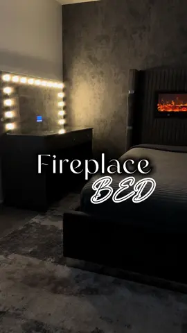 OBSESSED with my new bed!!😍🔥Can’t wait til im done decorating..🥰🫶🏾 #fireplacebed #greyroom #homedecor #vanity #bedroomdecor #50shadesofgrey 