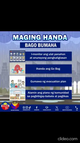 Ilang paalala at paghahanda upang manatiling ligtas mula sa maaaring epekto ng bagyong #GenerPH. Narito ang ilan sa mga dapat gawin bago bumaha, kapag bumaha, at pagkatapos ng baha. Patuloy ang MMDA sa pagsubaybay ng mga kaganapan ukol sa sama ng panahon at pagbibigay abiso sa publiko. Mag-ingat at sumunod sa mga abiso ng pamahalaan at awtoridad. Source: Civil Defense PH