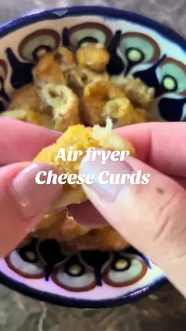 Air Fryer Cheese Curds  Ingredients  - 1 cup of flour  - 1 cup of bread crumbs - 2 eggs whisked  - 3/4 cup of cheese curds  - Salt  - Pepper  Directions:  1. Add your flour to a bowl with salt and pepper.  2. In a different bowl add the bread crumbs and in a third bowl whisk 2 eggs.  3. Spray your air fryer pan with cooking spray.  4. Dip each curd into the flour, then egg wash, and lastly the bread crumbs.  5. Add the curds to the air fryer.  6. Airfry for 4-6 minutes at 375 degrees 7. Enjoy!  #airfryerrecipes #cheesecurds #cheeserecipe 