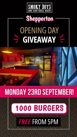 🚨 Shepperton, are you ready?!  To celebrate our new Smoky Boys launch, we’re giving away 1,000 FREE burgers! 🍔🔥 Join us from 5pm and grab yours before they’re gone! First come, first served – don’t miss out! 😋 #shepperton #FreeBurgers #SmokyBoys #FoodLovers #BBQLovers #chertsey #waltononthames #weybridge #addlestone #littleton #ashford #staines #feltham #weybridge #kingston