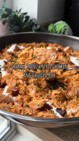 Creamy Spanish Style Chicken and Chorizo Rice . ⬇️ Recipe below ⬇️  . Press save for dinner inspiration 📌 follow @dinner_at_hols for more dinners like this.  . Recipe serves 4  . I served this with garlic roasted Mediterranean veggies.  . Ingredients. . 50g chorizo (diced)  500g chicken (diced) 1tbs ground coriander 1tbs smoked paprika 1tsp salt 1tsp sugar or 1/2tbs sweetener  . 1 onion (diced) 4tsp garlic puree or 4 cloves  1tbs tomato purée  300ml chicken stock  120ml single cream - I used elmlea light  500g cooked, leftover basmati rice - I used microwave pouches.  . Method. . Fry the chorizo until the oils are coming out and it’s crispy, then remove from the pan until later. Season the chicken with all the spices and fry it off. Once the chicken is starting to brown add in the onion. Once the onion is soft add in the garlic and the tomato purée and allow to cook for a minute or so. Next add the stock and cream and allow it to reduce down for a few minutes. Add in the cooked rice and mix well. Add the chorizo back on top. I garnished ours with some garlic aioli, fresh parsley and a squeeze of lemon. Serve and enjoy . The aioli was just 4tbs light mayo, 1 clove garlic (finely grated), pinch salt and 1-2tsp water to loosen it. Mix it all together and drizzle over ❤️ . Calories- 459 Syns- 2 (chorizo) 1 (aioli) 2 (cream)  . . . . . #fyp #viral #fypシ  