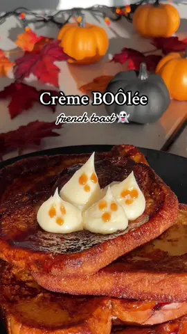 Crème BOO-lée French Toast👻❤️favorite fall recipe for a cute halloween breakfast! #halloweenfood #fallrecipes #creatorsearchinsights #halloweenvibes 