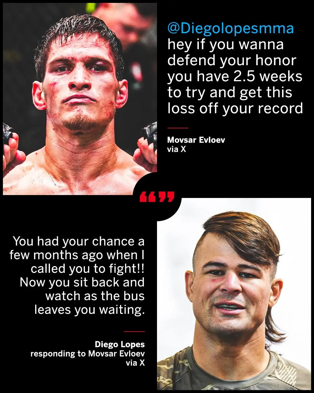 #DiegoLopes shut down #MovsarEvloev's request for a rematch on short notice. Evloev's initial #UFC307 bout is off due to an injury to Aljamain Sterling. #UFC #MMA #combatsports 