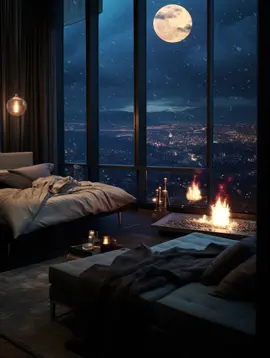 a beautiful full moon and snowfall view from your bedroom window. 🌙 #moonlitnight#snowfallmagic #viral#trending