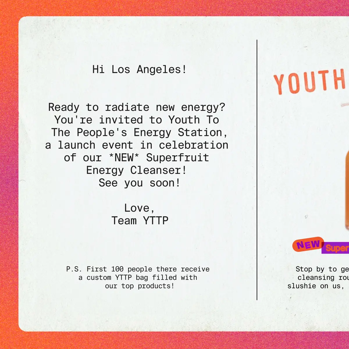 Hi Los Angeles! Come hang out with us THIS Friday, 9/20 from 4-9PM and get some free skincare goodies, a skin analysis, and more! RSVP link in the bio.  #youthtothepeople 
