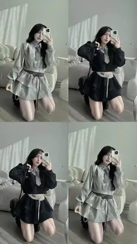 Set Bộ Đồ Nữ Nỉ MIU Áo Dài Tay Dáng Ngắn Croptop Phối Cổ Sơ Mi Kẻ Xanh Kèm Cavat Mix Chân Váy Xòe Tầng Freesize By T.Anh Clothings