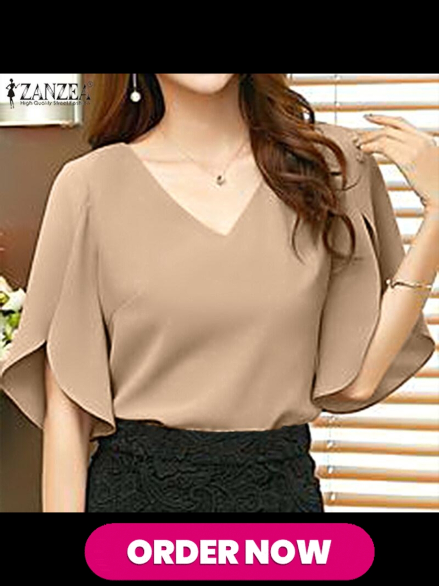 New ZANZEA Women's Formal Business Flare Sleeve Blouse Office Workwear V-Neck Tops 1 Only ₱304.56!