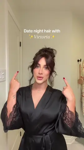 Date night hair with @Victoria Russo Camargo ✨ Victoria creates this gorgeous messy bun with our Signature Curler and our NEW Clip-In Bangs in Dark Brown ☁️  #luxyhair #bangs #curtainbangs #messybun #messybuntutorial #datenighthair #hairinspo #hairtutorial #hairtok #clipinhairextensions 