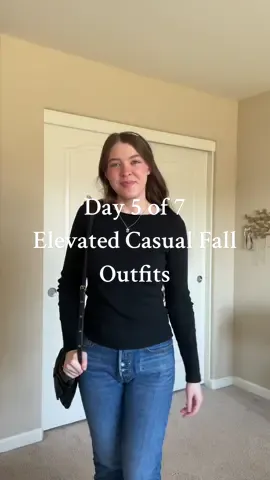 Day 5 of 7 | Elevated Casual Fall Outfits | For this outfit I chose a black long sleeve for the top. The wide boat neck elevates the shirt, whereas a crew neck would be seen as more casual. A chunky sneaker is often seen as more casual, so instead I went with a sleeker plain white sneaker. Lastly, I added a headband as my hair accessory. Hair accessories are a great way to add more to your outfit thus elevating your outfit. #fashioninyour20s #elevatedcasualstyle #elevatedcasualoutfits #falloutfit #boatnecktop 