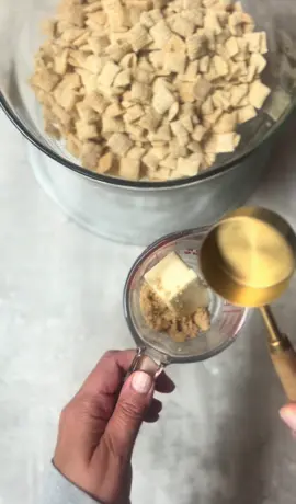 Cinnamon Sugar Chex Mix. You'll need (for a small batch) 4 cups of Chex Mix + 1/4 cup of butter + 1/4 cup brown sugar + 1/8 cup sugar + 1 tsp cinnamon. Melt butter and brown sugar either in the microwave or on the stove top. Pour over cereal - add sugar + cinnamon- mix - bake @275 for 45 mins. Enjoy. #chexmix #cinnamonsugar #cinnamonsugarchexmix #fallsnacks #footballsnacks #gamedaysnacks  Idea found at onelittleproject.com