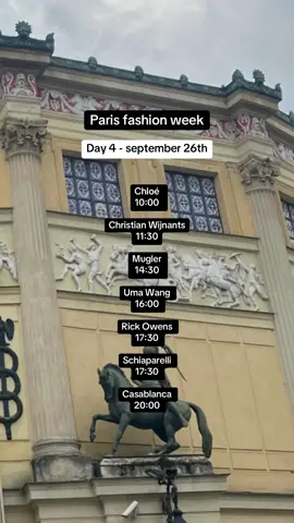 Schedule PFW september 2024 #pfw #parisfashionweekschedule #paris #schedulepfw #semanademoda #semainedelamode #fashion #eventinparis #pfwadresses #fashiontok #parisevent #lisarinna #designerevent #fashiondesignerevent #rickowens #umawangfashionshow #muglerfashionweek #carvenfashionweek #isseymiyake #chloefashionweek #loewefw #casablancapfw24 #junyawatanabe #commedesgarconspfw #ninariccifw24 #yohjiyamamotofemme #yohjiyamamoto #viviennewestwoodfw #viviennewestwood #hermespfw #christianwijnants #eliesaabpfw #schiaparelli #giambattistavallipfw #giambattistavalli  #umawang #carven #lorealparis #worthit 