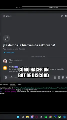 Hagamos un bot de discord En este video te enseño a crear y agregar un bot de discord a tu servidor. Realizamos todo el codigo en Python y descargamos librerías de discord. Utilizamos visual studio code como ide Dejame aca abajo en comentarios que funciones te gustaria que agregue! #fyp #parati #educacion #python 